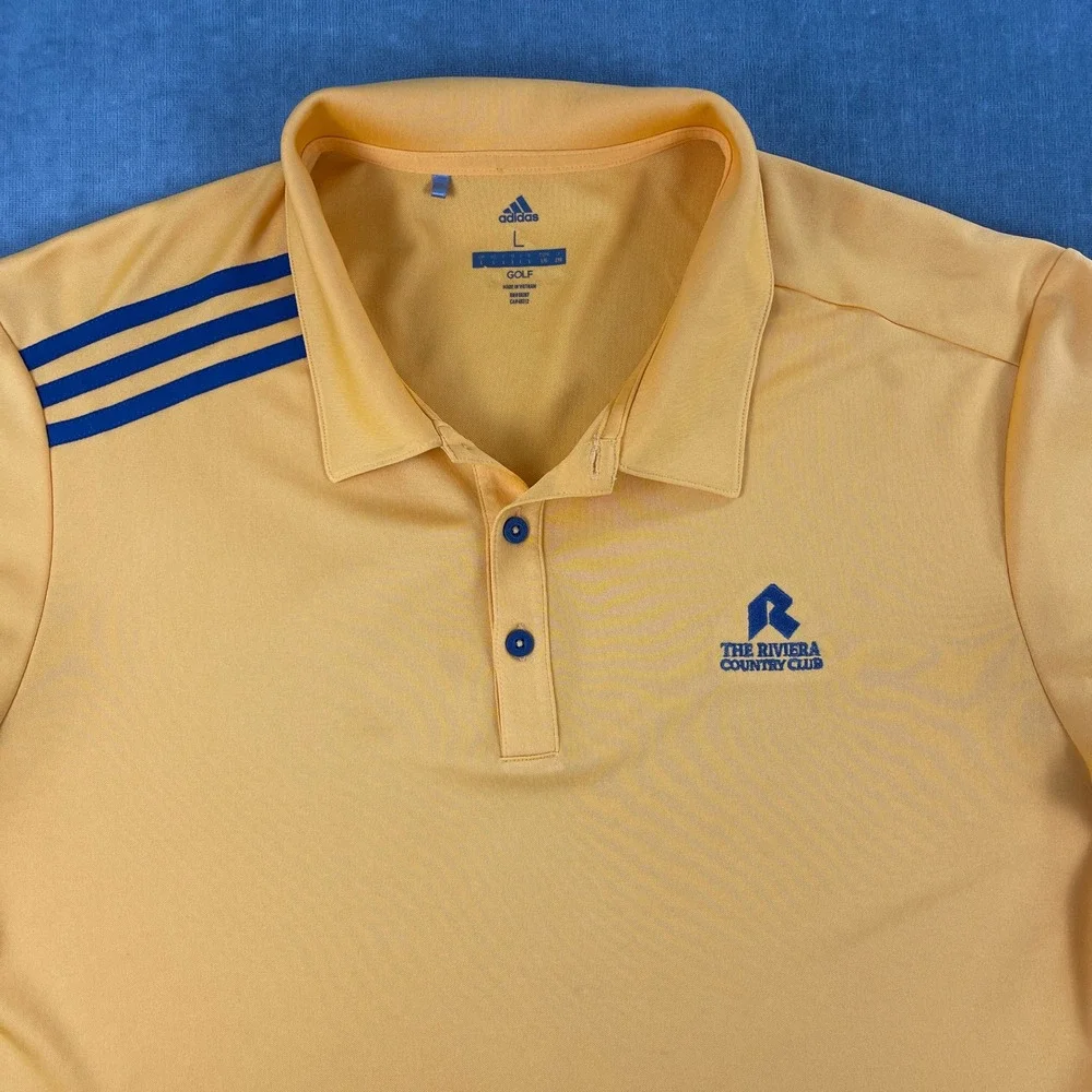 Adidas Mens Large Yellow Polo Shirt Riviera Country Club Golf Stripe